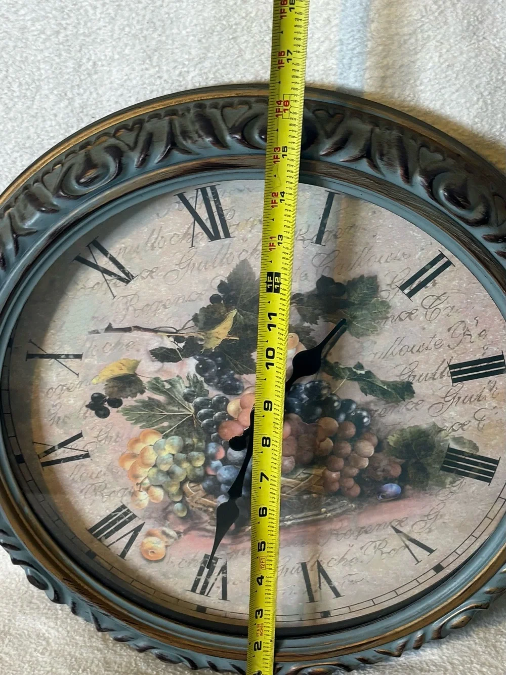 Decorative Blue Fruit-Motif Wall Clock with Roman Numerals
